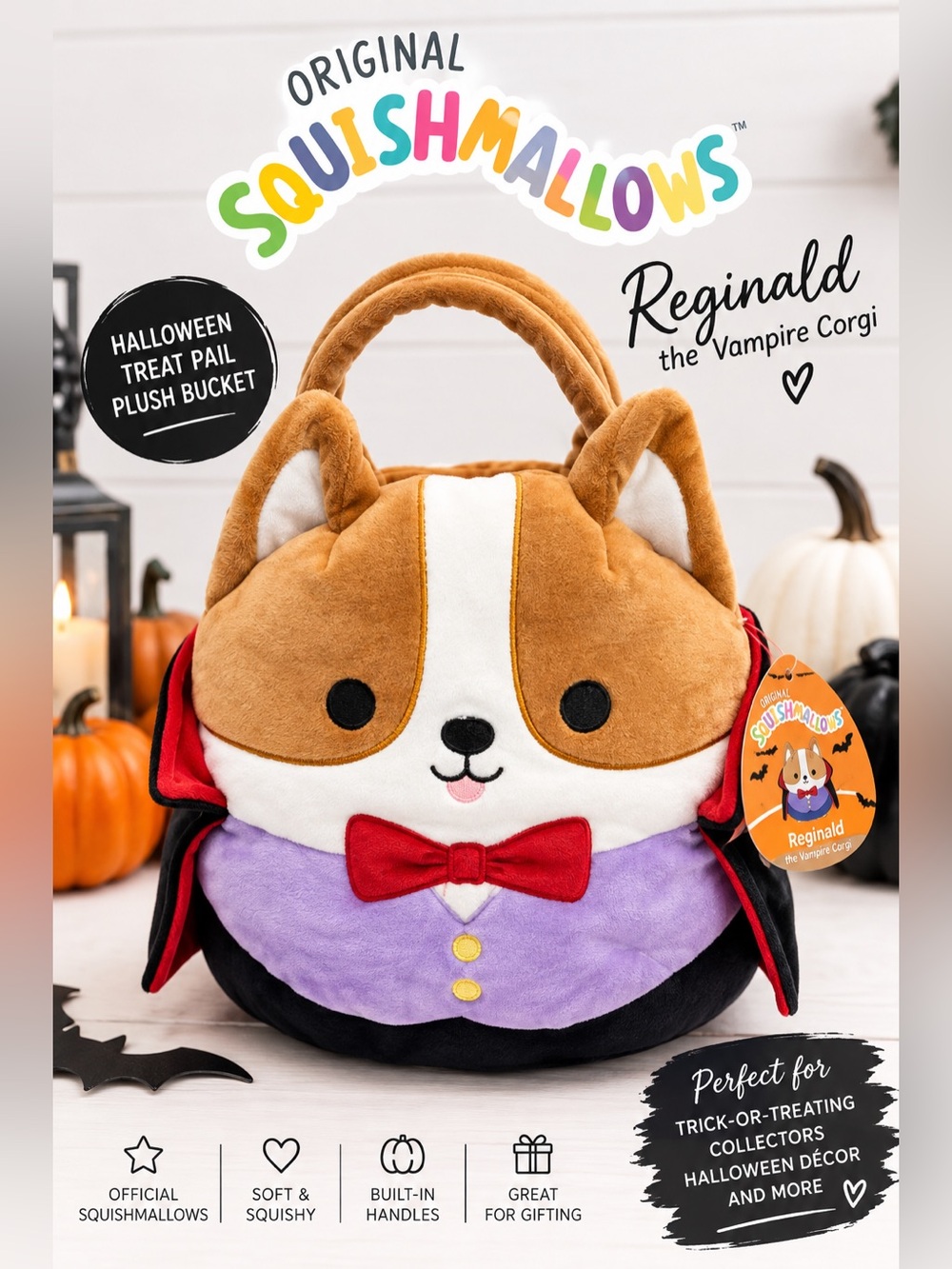 Squishmallows Reginald Vampire Corgi Halloween Treat Pail Plush Bucket NWT